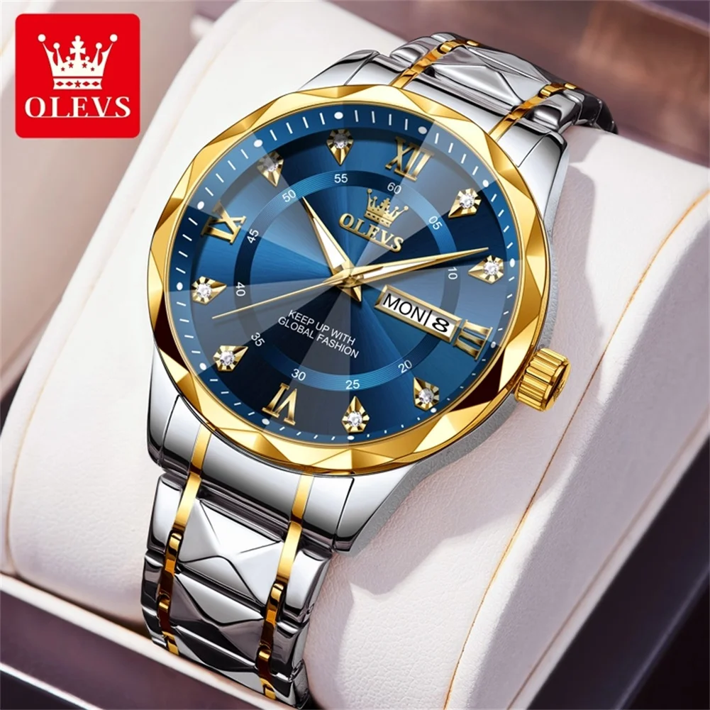 

OLEVS Rhombus Design Quartz Watches for Man Dual Calendar Display Luminous Stainless steel Strap Diamond Dial Male Wristwatches