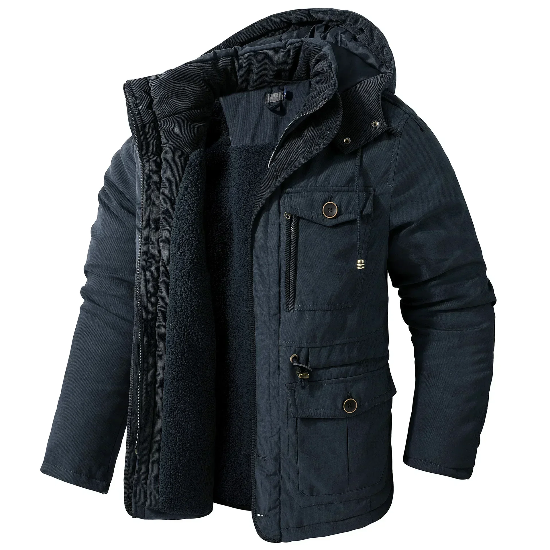

Men Windproof Parkas Winter Large Parkas Male Fleece Parkas Hooded Cotton Thickened Multi Pocket Casual Mid Length Coat Men's