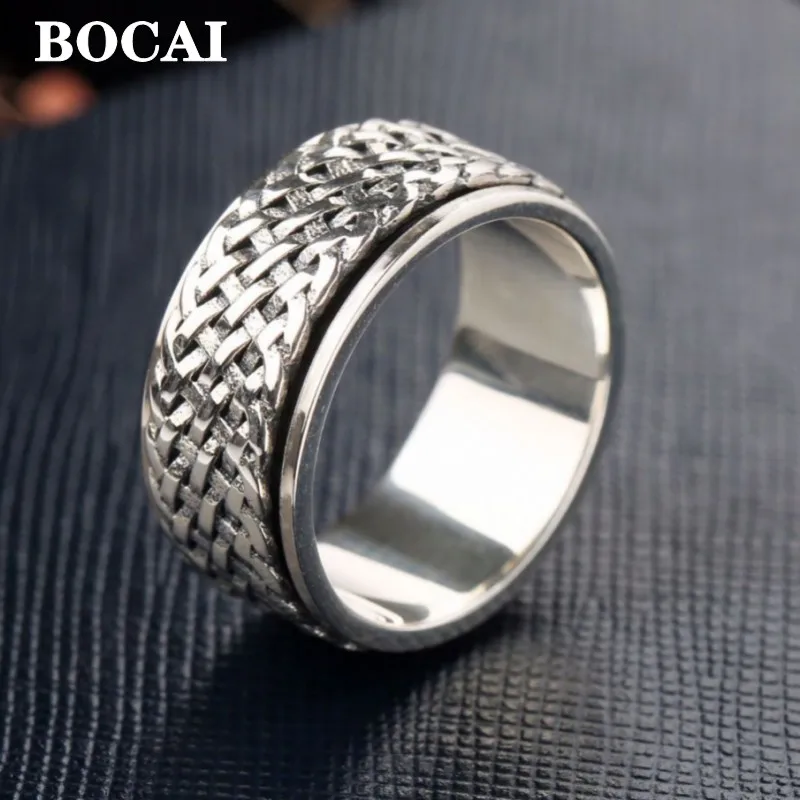 BOCAI New Real S925 Sterling Silver Jewelry Handmade Retro Individual Weaving Man and Woman Rotating Wide Ring Holiday Gifts