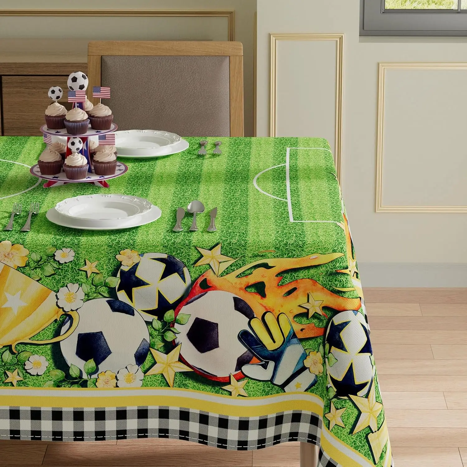 Soccer Grass Flowers Trophy Rectangle Tablecloth for Table Decor Football Sports Game Day Kitchen Dining Table Cloth Party Decor