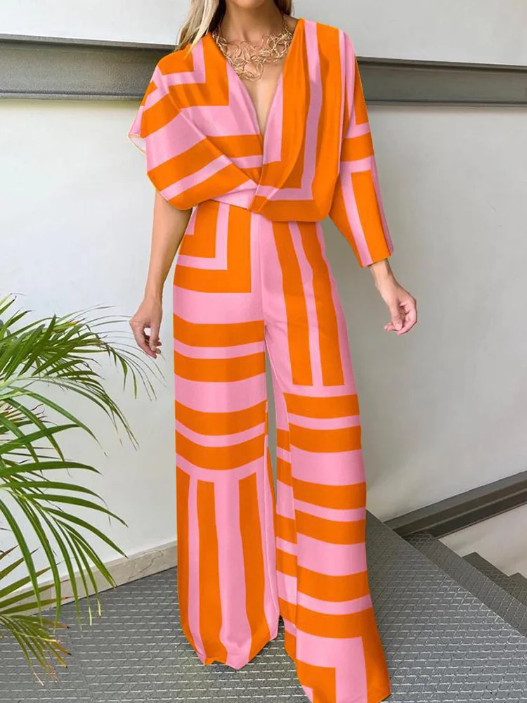 Mono holgado con manga de murciélago para mujer, ropa de calle informal, de cintura alta peleles, pantalones de pierna ancha con estampado de