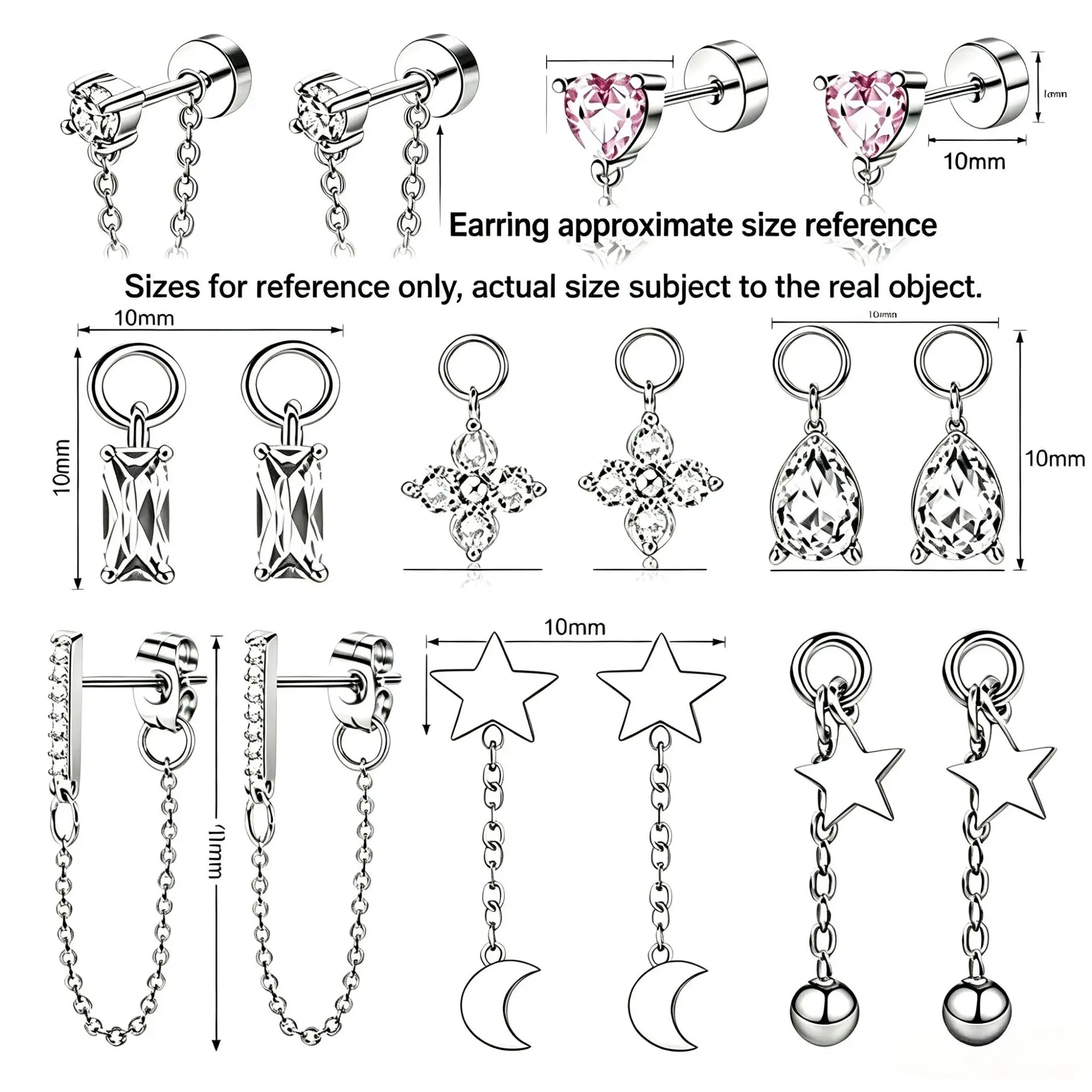 Stainless Steel Long Dangle Chain Cartilage Earrings Set Multi-style Heart Star Moon Flat Back Studs Stackable Piercing Jewelry