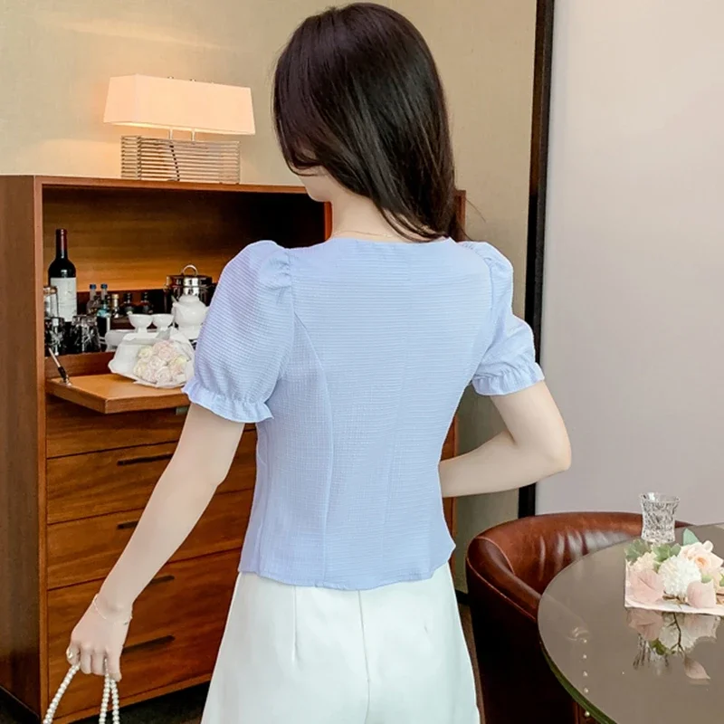 Women Summer Chiffon Blouses Casual 2024 Korean Fashion Clothes Puff Sleeve Crop Tops Sexy French Slim Elegant Ladies Shirts Y2k