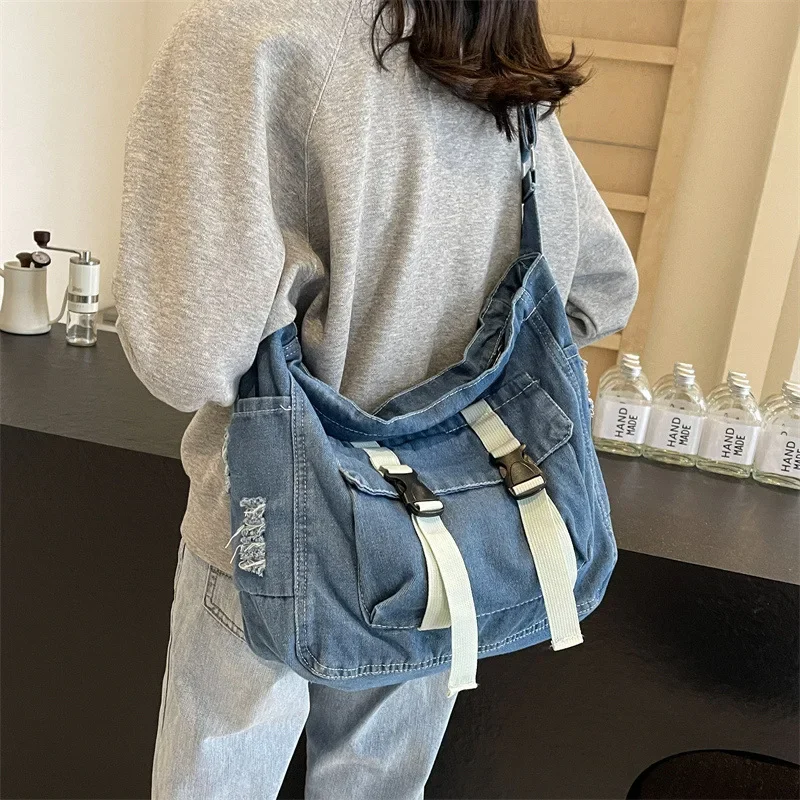 Washed Denim Bag Women's New Korean Version Large Capacity Women's Shoulder Messenger Bag Casual Girl Backpack