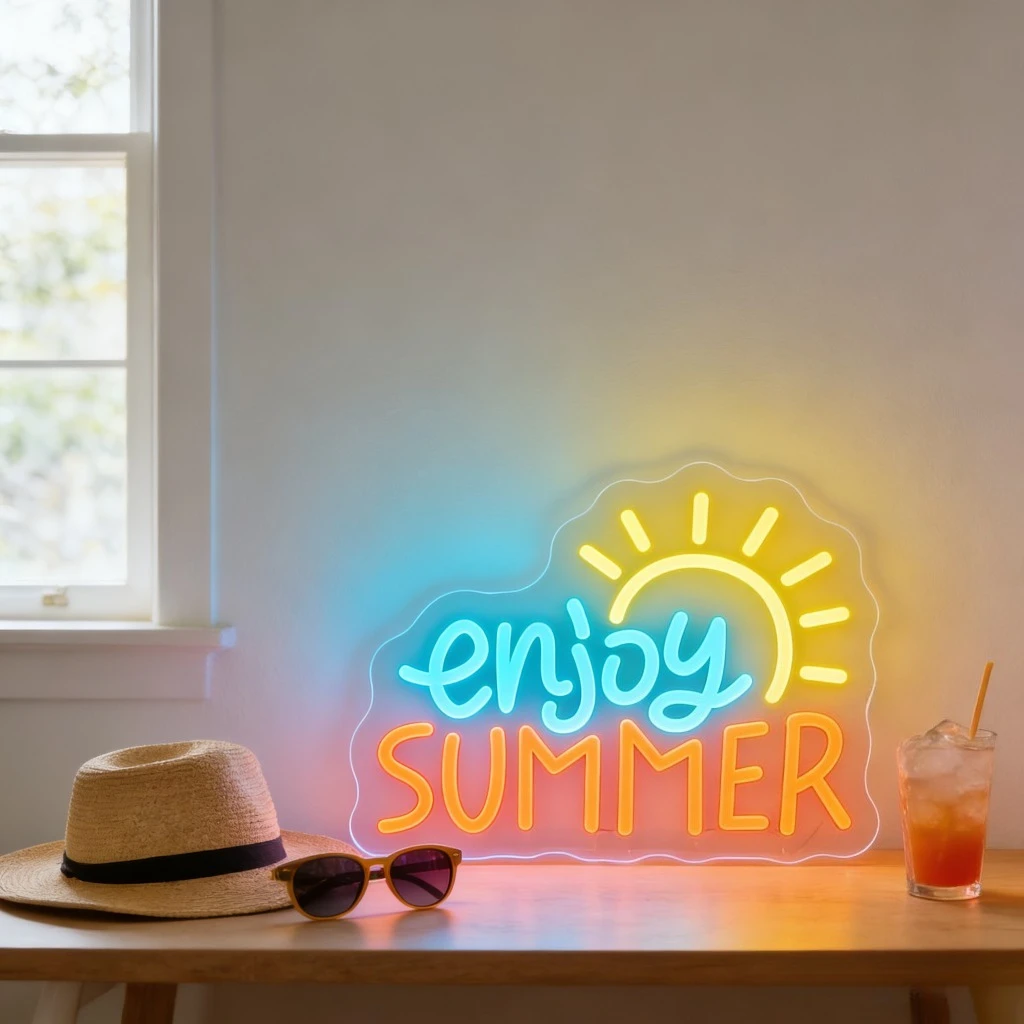 Enjoy Summer Neon Sign LED USB Dimmable Sun Summer Vacation Night Light for Bar Patio Deck Decoration Beach Theme Party Wall Art