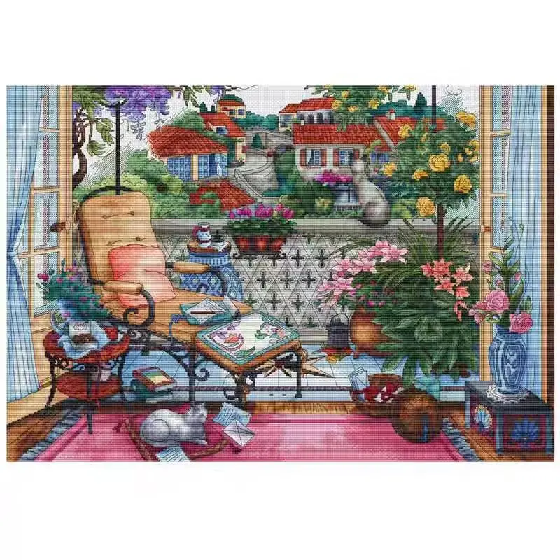 

Garden Cat Balcony 18CT 16CT 14CT Unprinted Top Quality Cross Stitch Kits Embroidery Art DIY Handmade Needlework Home Decor