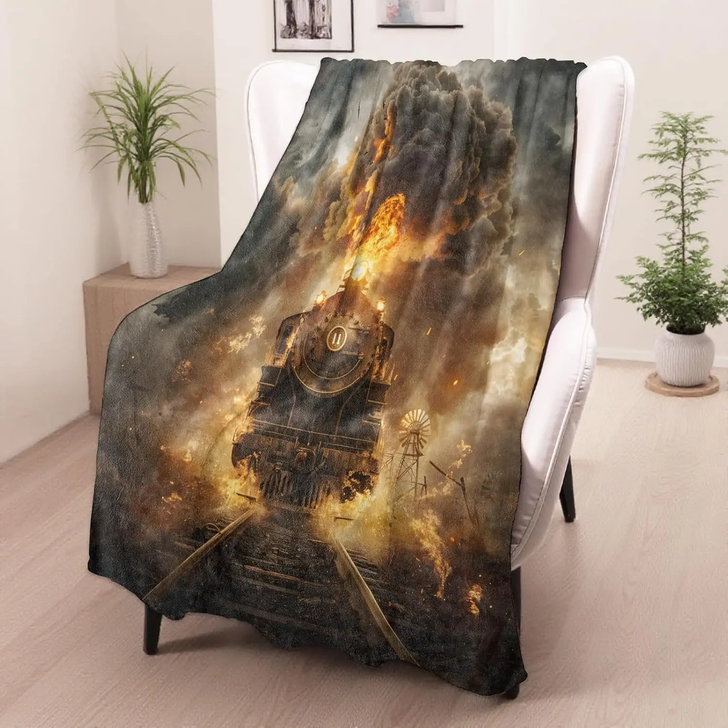Steam Train Print Fleece Throw Blanket, Vintage Gift for Train Lovers, Rustic Decor for Bedroom Couch, Cozy Camping Blanket