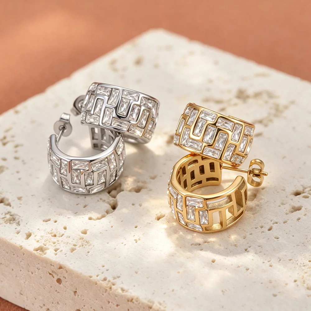JeeMango Vintage Rectangular Cubic Zirconia C-shaped Hoop Earrings Gold Plated Stainless Steel Chunky Jewelry for Women E26169