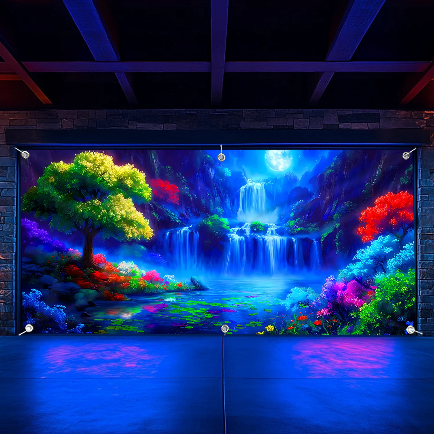 1pc UV luminous waterfall night view garage door banner - large fluorescent wall decoration, event decoration