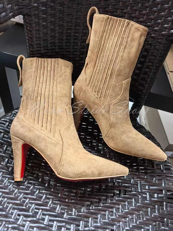 

Brown Color Suede Mid Calf Boots Pointed Toe Elasticated Ankle Chunky Heel Modern Boots Retro Fashion Women's Dress Shoes
