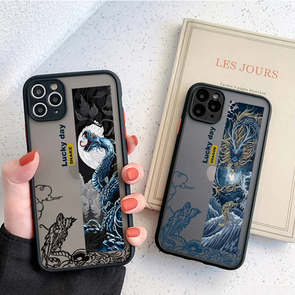 Mythical Animal Pattern Phone Case for IPhone 14 13 12 11 Pro XS MAX X 7 XR 8Plus SE2 Dragon Tiger Camera Protection Matte Cover