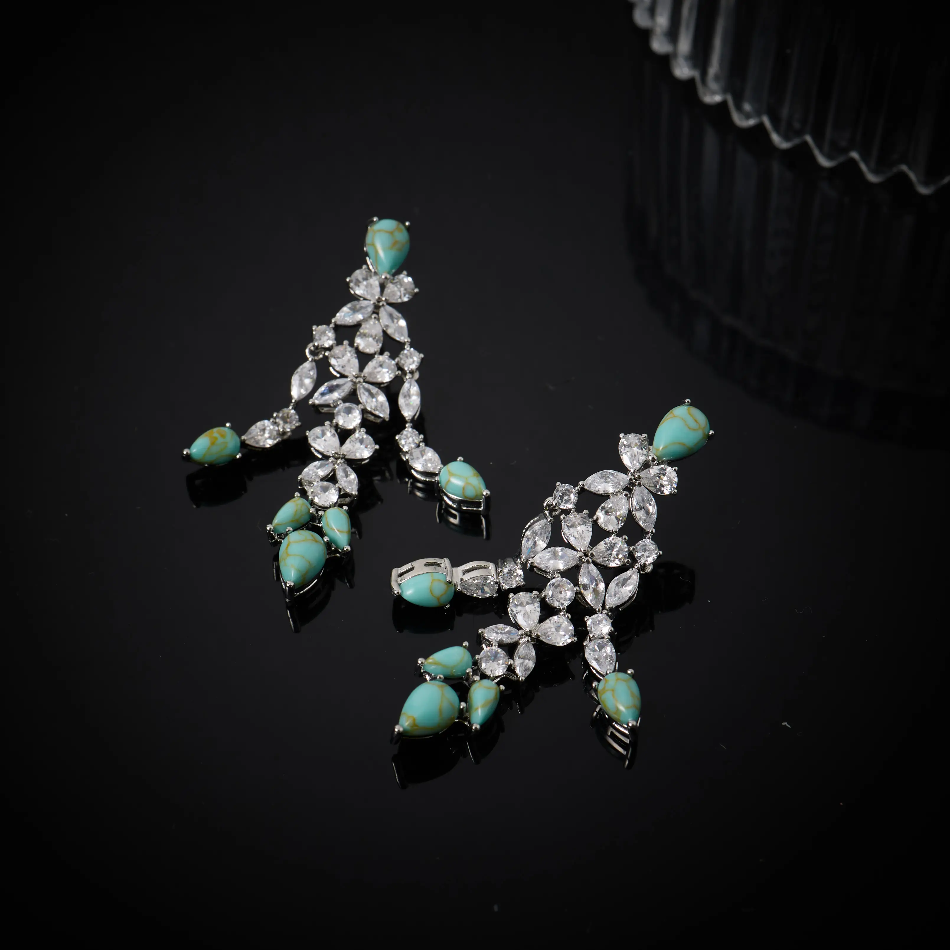 019848C Turquoise Cubic Zirconia Jewelry Set 4Pcs Women Luxury Bridal Necklace Earrings Bracelet Ring Wedding Evening Party Full