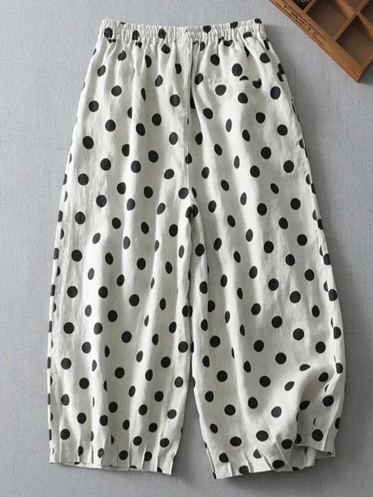 면 린넨 와이드 레그 랜턴 팬츠 여성 여름 밴딩 허리 살 커버 슬림핏 젊은 캐주얼 린넨 나인 포인트 팬츠