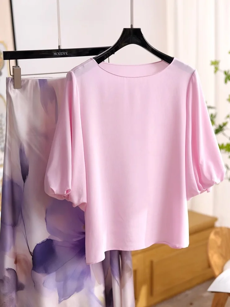 

Fre Anti-Aging 3D Bubble Sve Design 00 Points Silk irt Pink True Silk Women's French Sle Straight Cut Summer Top
