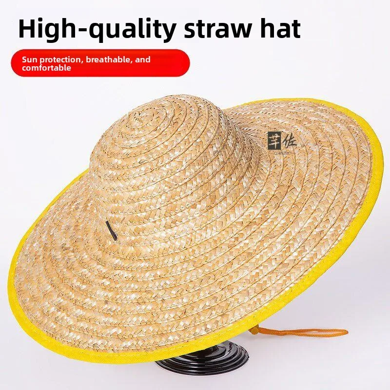 Handmade Summer Sun Protection Straw Hat Men's Outdoor Fishing Beach Large Brim Hat Field Work Cotton Straw round Top Cap