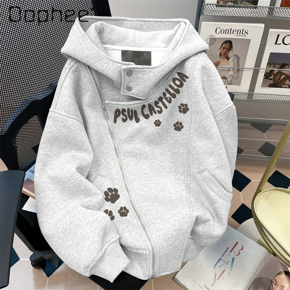 American Style Dark Gray Dog Paw Print Hooded Sweatshirt Men's Autumn Winter Loose Casual White Gray Velvet Hooded Cardigan