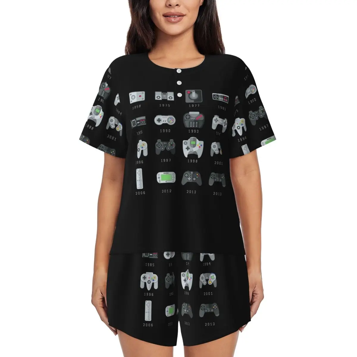 

Geek Gaming Controllers Round Neck Short Sleeves Nightdress for Sleeping Sleepshirts Women Loose Pajama Set Short Pants