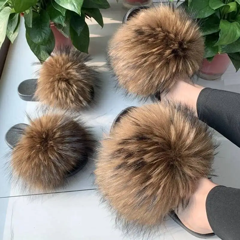 

Furry Fur Slippers Summer Women Real Raccoon Fur Slides Flat Sandals Non-Slip Fluffy Fur Flip Flops Girls Cute Plush Home Shoes