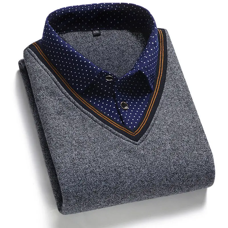 SHiONFA Herbst Winter Herren Langarm Pullover Shirts Gefälschte Zwei Stücke Pullover Fleece Dickes Hemd Gestrickte Casual Kleidung 4XL – Detail 12