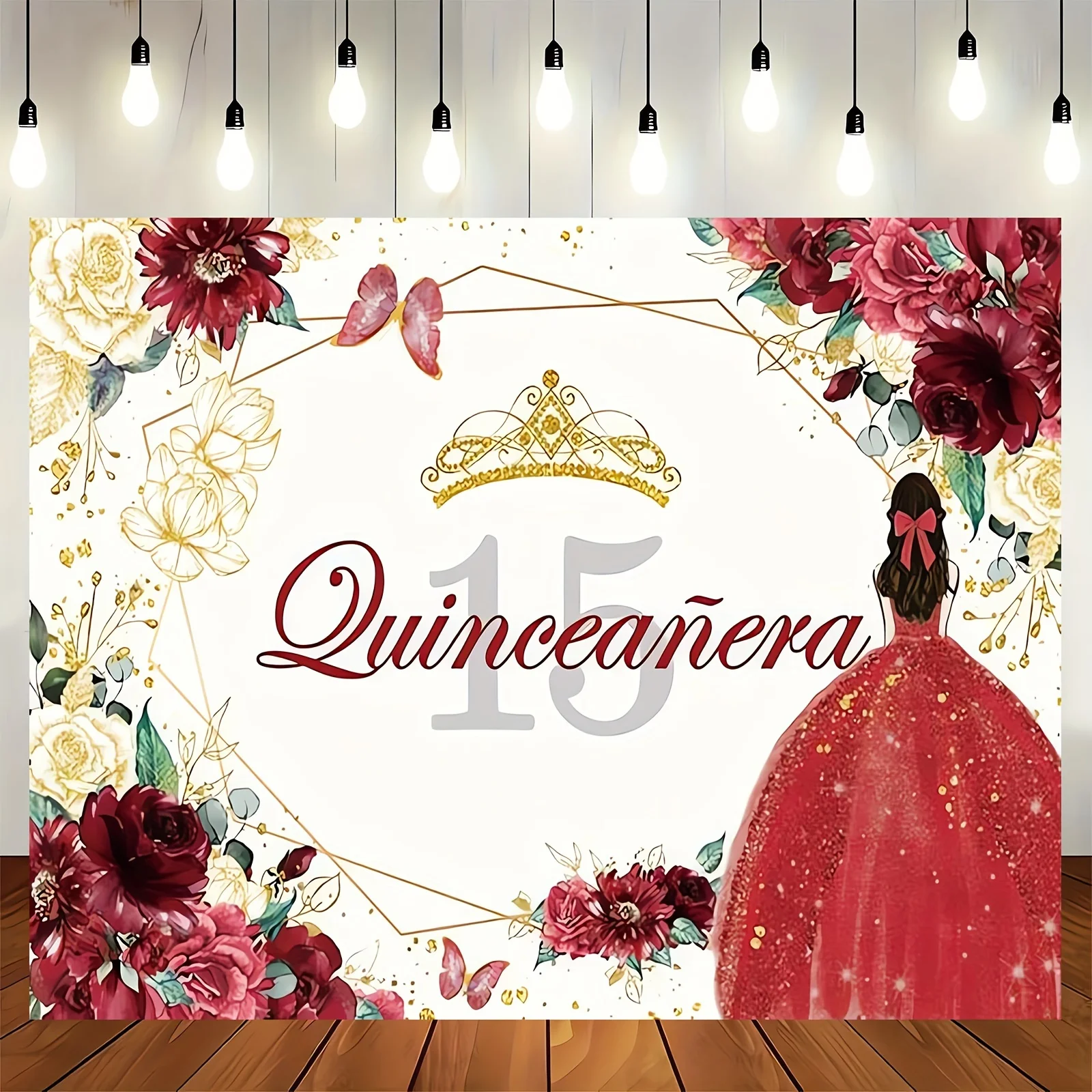 1pc,  Quinceanera 15th Birthday Backdrop For Sweet Mis Quince Anos Party Decorations Red And Gold Glitter Floral Crown Butterfly