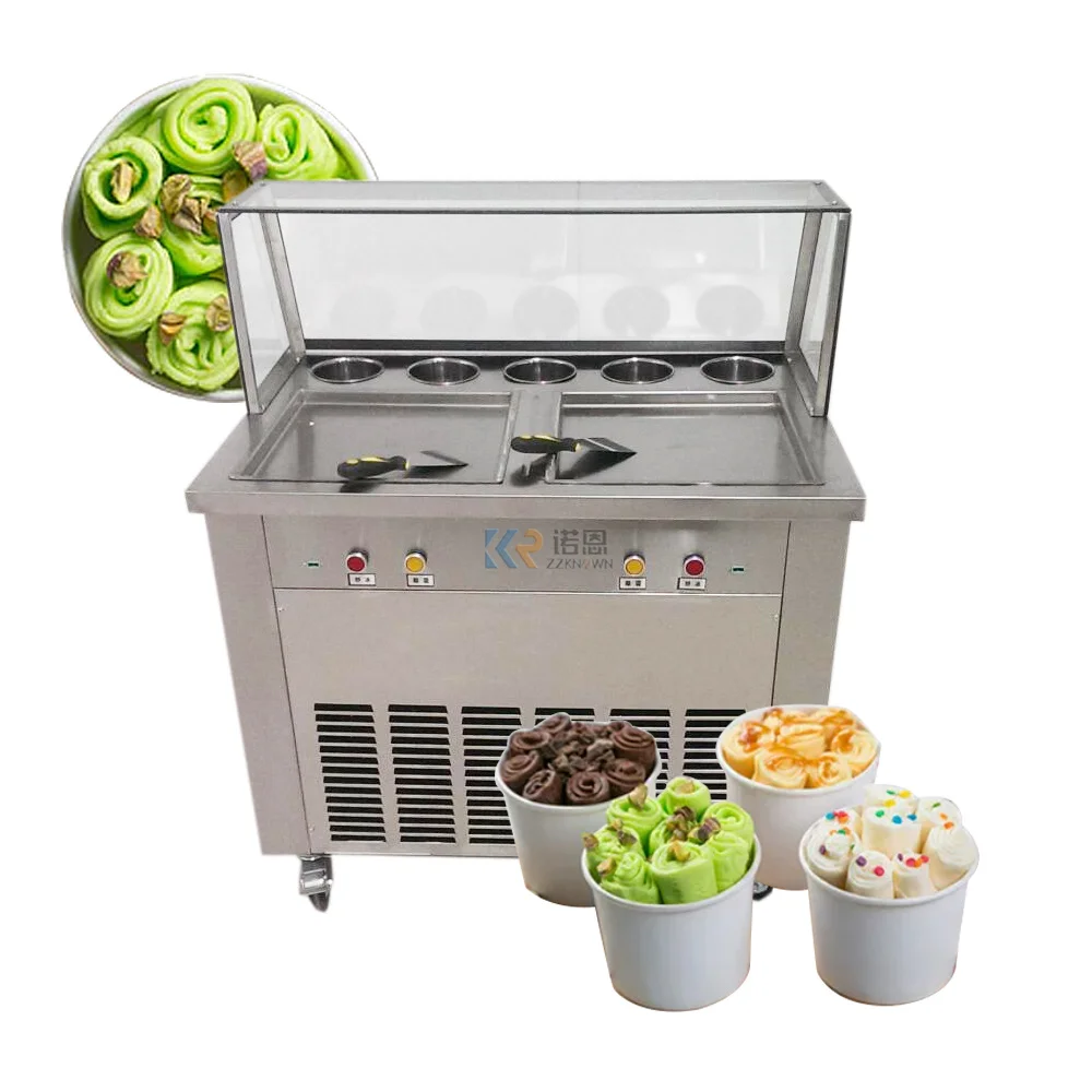 Electric Fried Yogurt Machine Fry Ice Machine Thailand Double Square Pans Fry Ice Cream Roll Machine With 5 Material Barrels