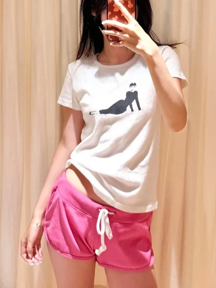 Print Slim T-shirts Women Summer Audrey Hepburn Graphic Round Neck Short Sleeve Cotton T Shirt Vintage Sweet Preppy Style Tops