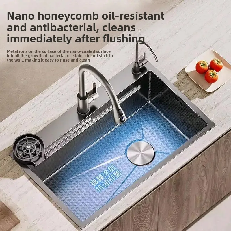 Hot Selling Large Single-Slot SUS304 Stainless Steel Kitchen Sink Nano Surface Three-Hole Vegetable Washing Basin