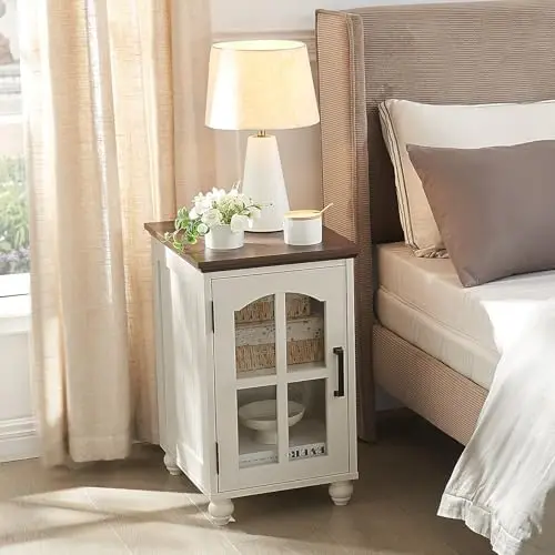Narrow Side Table Set of 2,White Nightstand with Charging Station,End Table with Glass Barn Door Storage, Cabinet