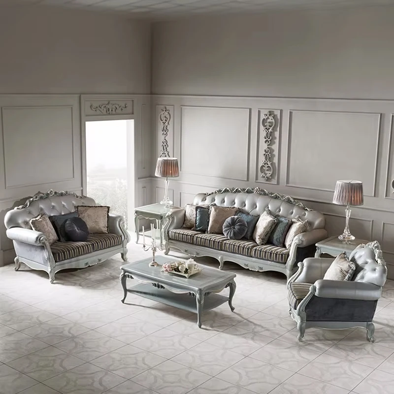 !@French Classic Hand Carved Wooden Leather Chesterfield Upholstery Living Room Sofa Set