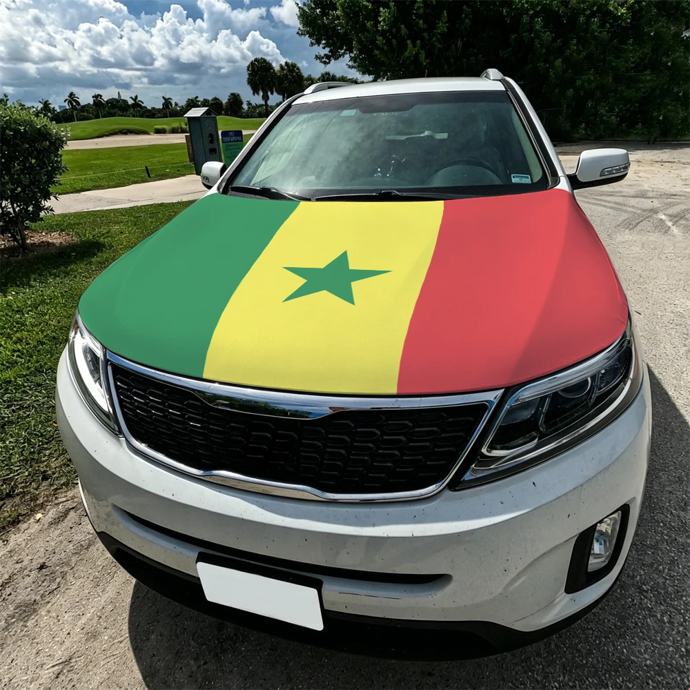 Funda para Capó de Coche con Bandera de Senegal de 3.8x5.3 pies, Pancarta para Capó de Coche del Sénégal, Tejidos Elásticos Resistentes al Viento, Fundas Patrióticas para Capó de Automóvil
