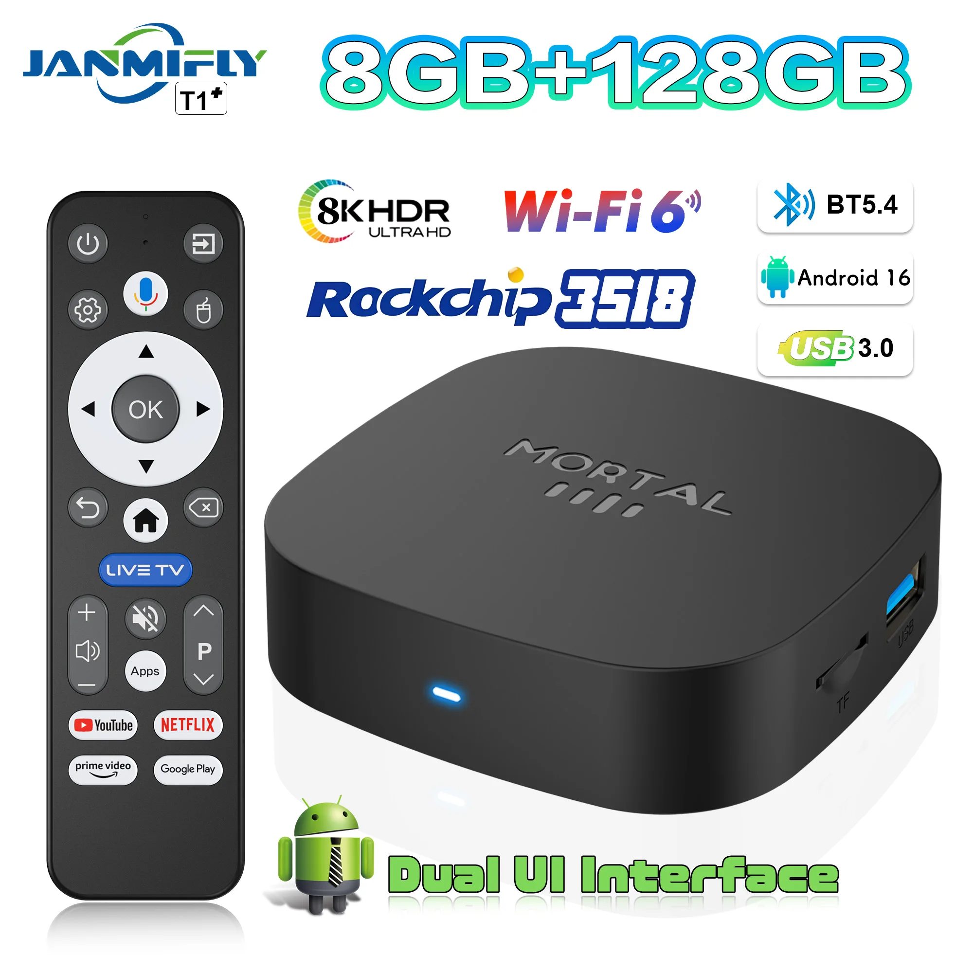 

2025 New T1+ 8K Voice 4K HD TV Box Android 16.0 RK3518 Quad Core 8GB RAM 128GB ROM Dual Wifi 2.4G/5.8G Home Theater Media Player