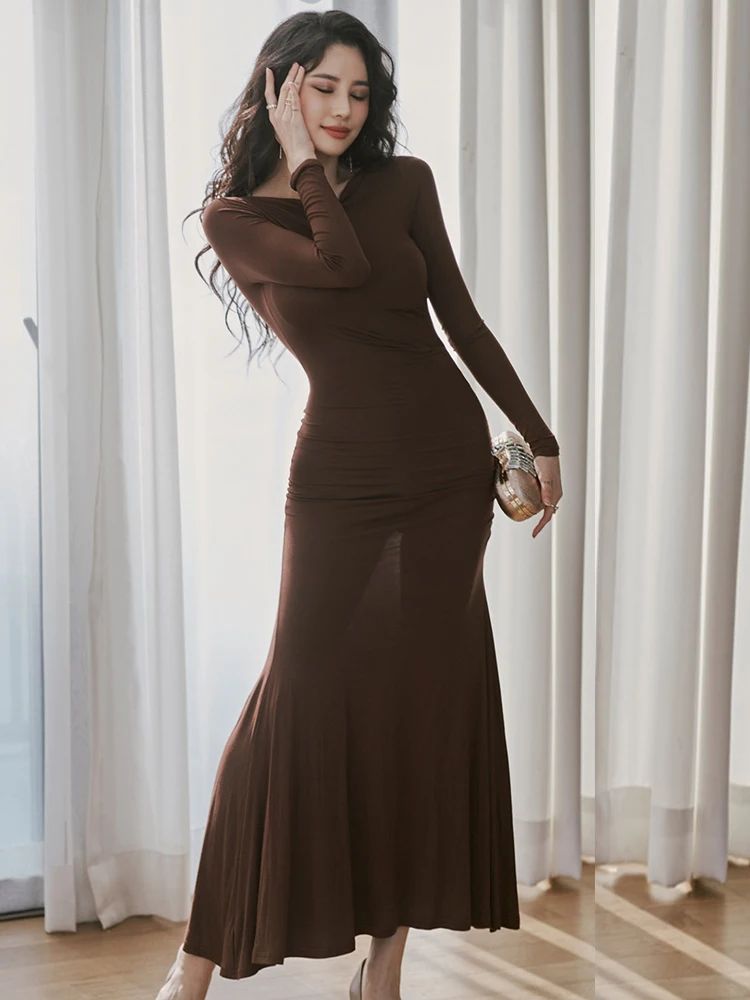 

Spring Casual Holiday Modal Elastic Knitted Maxi Dress Women Off Shoulder Bodyocn Ruffled Fish Tail Robe Lady Party Prom Vestido