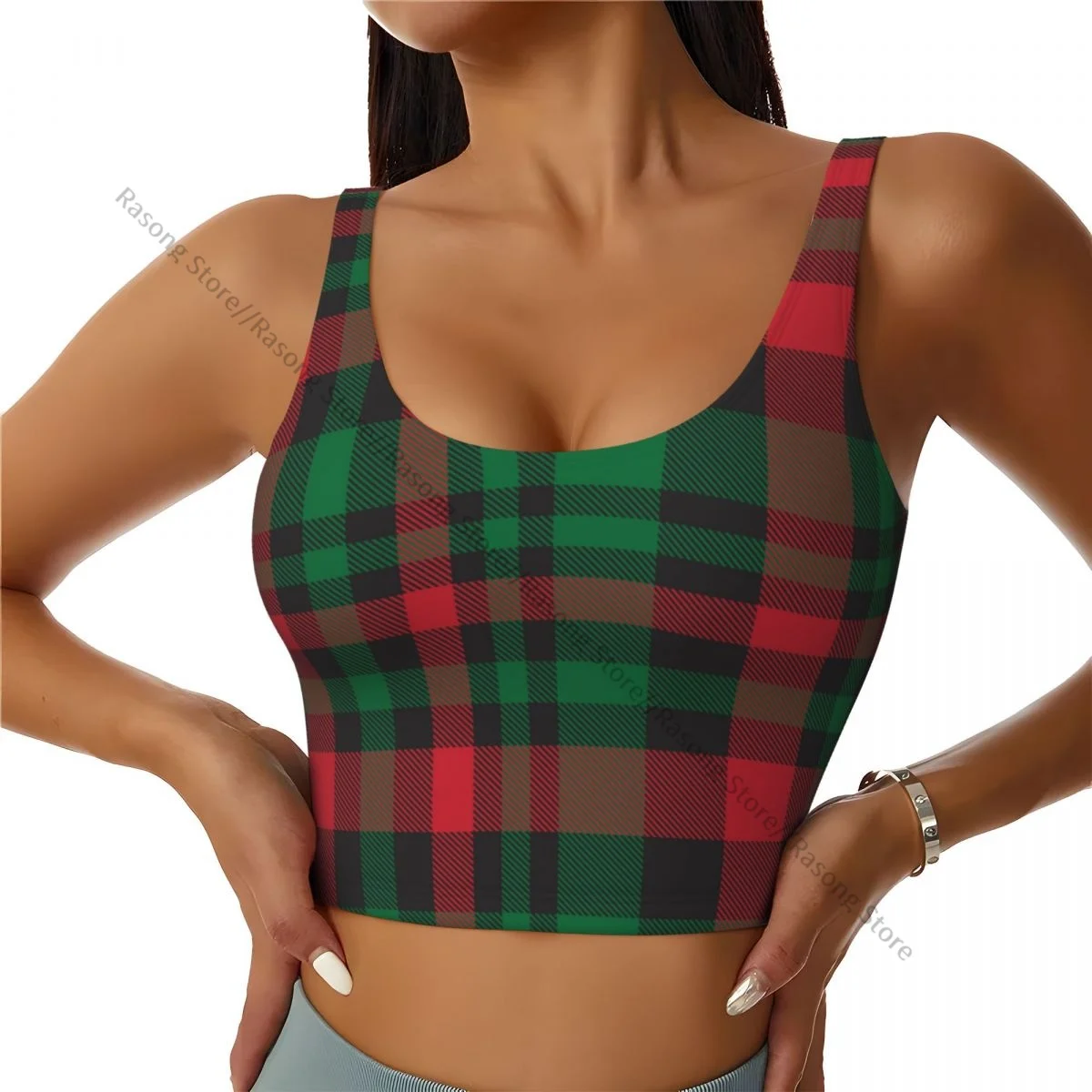 Sports Bra Women Running Yoga Clothes Vest Christmas Plaid Checkered Tartan Pattern Gathering Fitness Vest