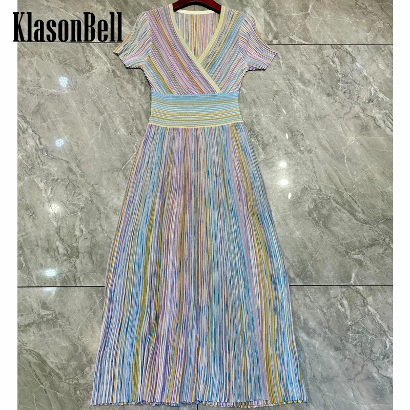 

4.1 KlasonBell Women's Elegant Bright Silk Striped Short Sleeve Knitted Dress Temperament Slim Cross V-Neck Pleated Maxi Dress