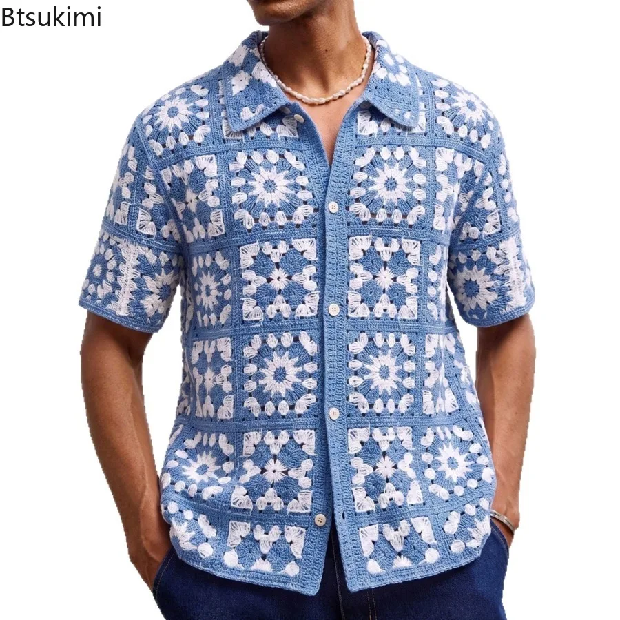 New Men's Checkered Crochet Hollow Out Polo Shirts Summer Breathable Short Sleeve Casual Cardigan Tops Retro Knitwear Man Shirts