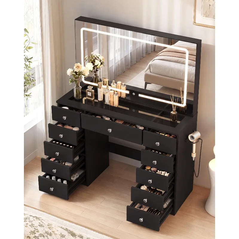 Black Makeup Vanity with Mirror and Lights,11 Drawers & Glass Top