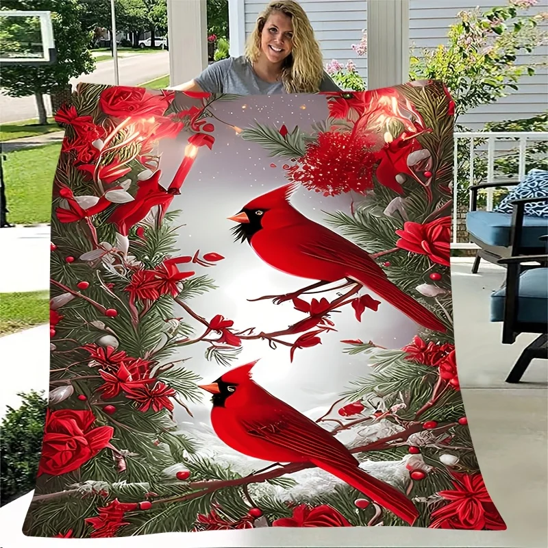 Cozy Winter Christmas Red Bird on Branch Themed Pattern Printed Flannel Blanket, Gift for Holiday Memories