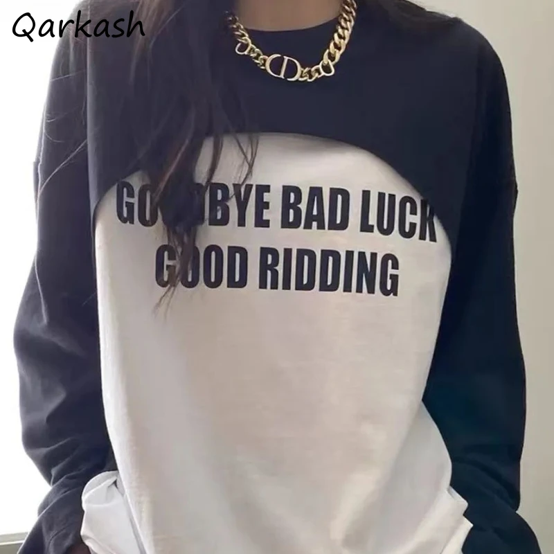 T-shirts Women Long Sleeve Fake Two Pieces Letter Print Loose Fit Casual Female Students Fashion Streetwear Chic All-match Soft