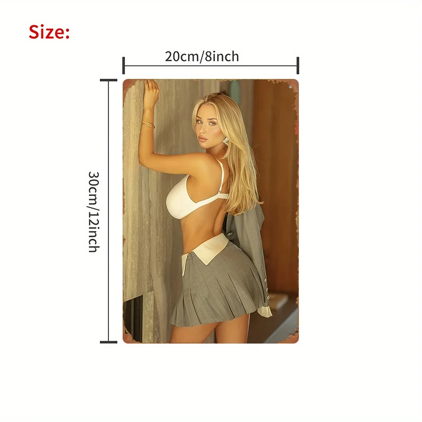 High Definition Tin Painting Blonde Woman in White Top and Grey Pleated Skirt Retro Metal Sign Wall Art Decor