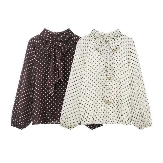 2026 Elegant Women Polka Dot Blouse, Spring Bow Tie Lantern Sleeve Layered Neck Chiffon Shirt, Casual Daily Office Top