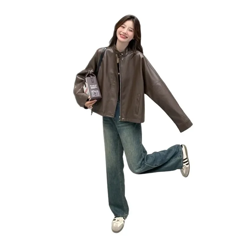 Dámská kožená bunda v hnědé barvě, hongkongský trend, vintage, americká, oblíbená, dámská svrchní bunda - náhled 5