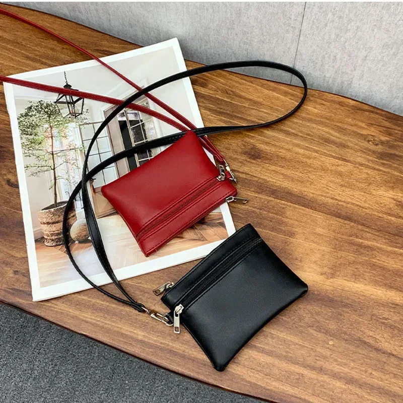 Women's Wallet with Neck Hanging String PU Soft Leather Coin Purse with Double Zipper Travel Card Holder Cash Organizer Case