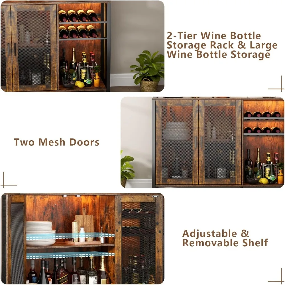 Wine Bar Cabinet with LED Lights, Industrial Coffee Bar Cabinet with 3 Storage Compartments & Wine Rack &Glass Holder,Sideboard