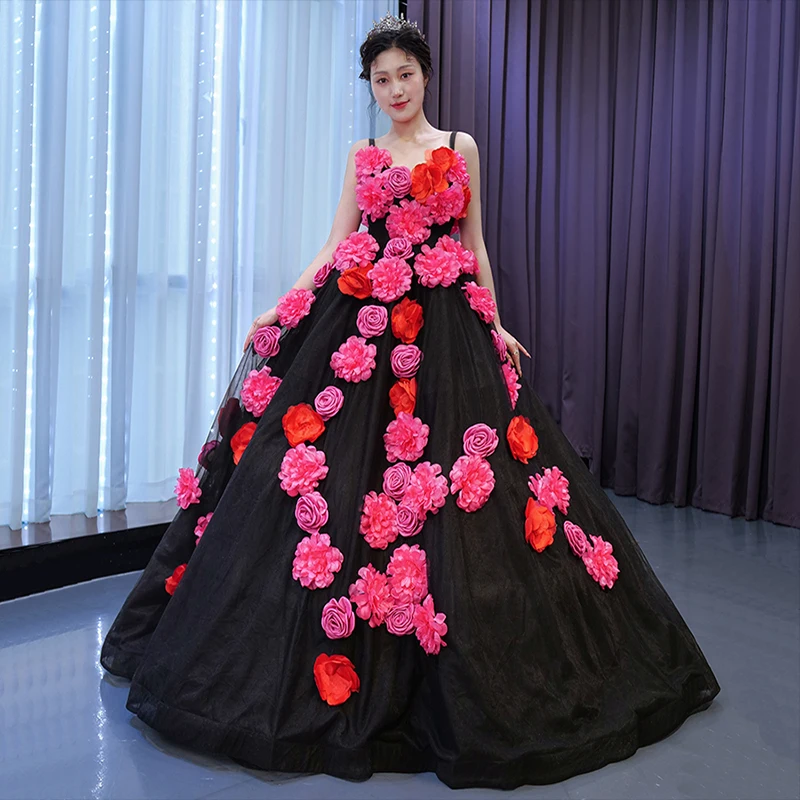 فستان طويل بدون أكمام بدون ظهر ثلاثي الأبعاد على شكل زهور 2025 مخصص برباط علوي أنيق للسهرة ماكسي فيستدوس طول الأرض ثوب حفلة فاخر