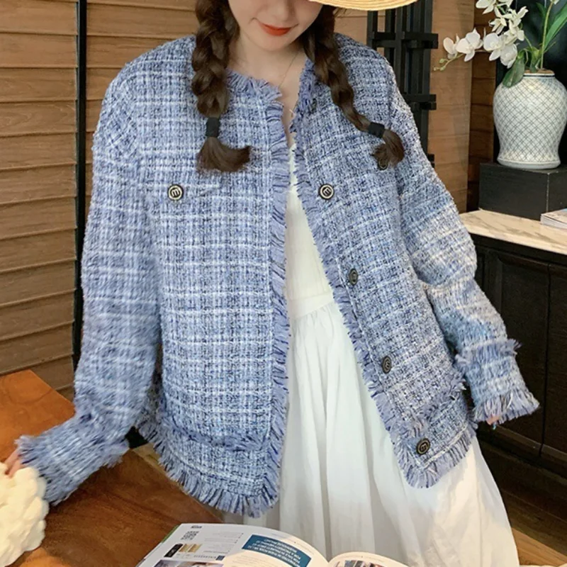 

Tweed Blue Plaid Commuter Fragrance Women Coat Autumn New Loose Casual Long Sleeve Korean Fashion Chic Basic Lady Jacket 1620