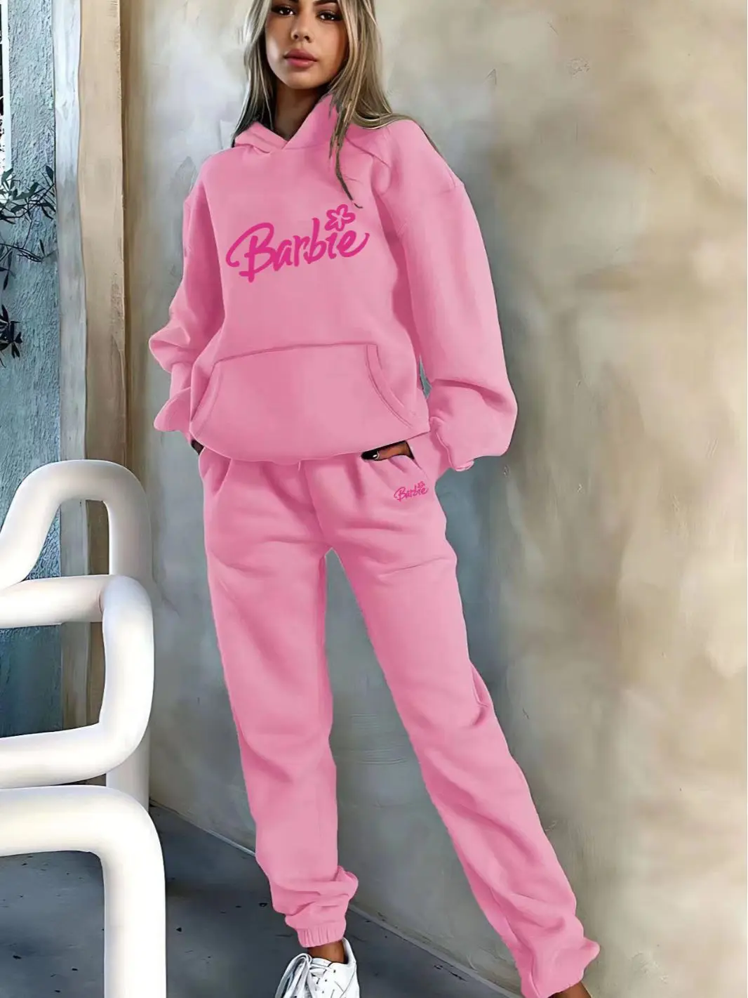 Barbie Fashionable Sports Long-sleeved Trousers Suit Hooded Letter Print Sweatshirt Anime Kawaii Women\'s Two-piece Set Girl Gift