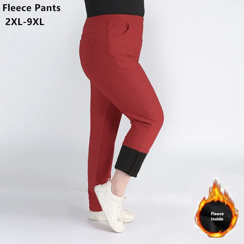 140KG Fleece Red Plus Size Women Pants Elegant Trousers 9XL 7XL 5XL 4XL Autumn Winter Oversized Stretched Pencil Warm Clothes