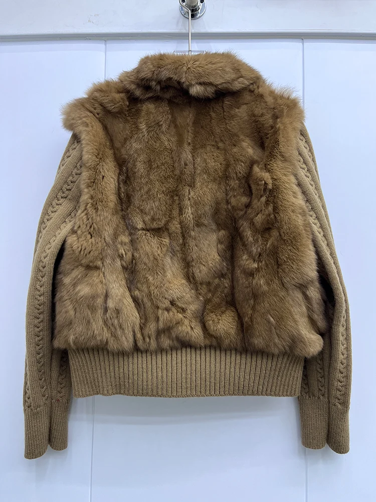 Women Winter Natural Fur Coat Real Rabbit Leather Jacket Women Short Clothing Knitted Sleeves Female Outerwear