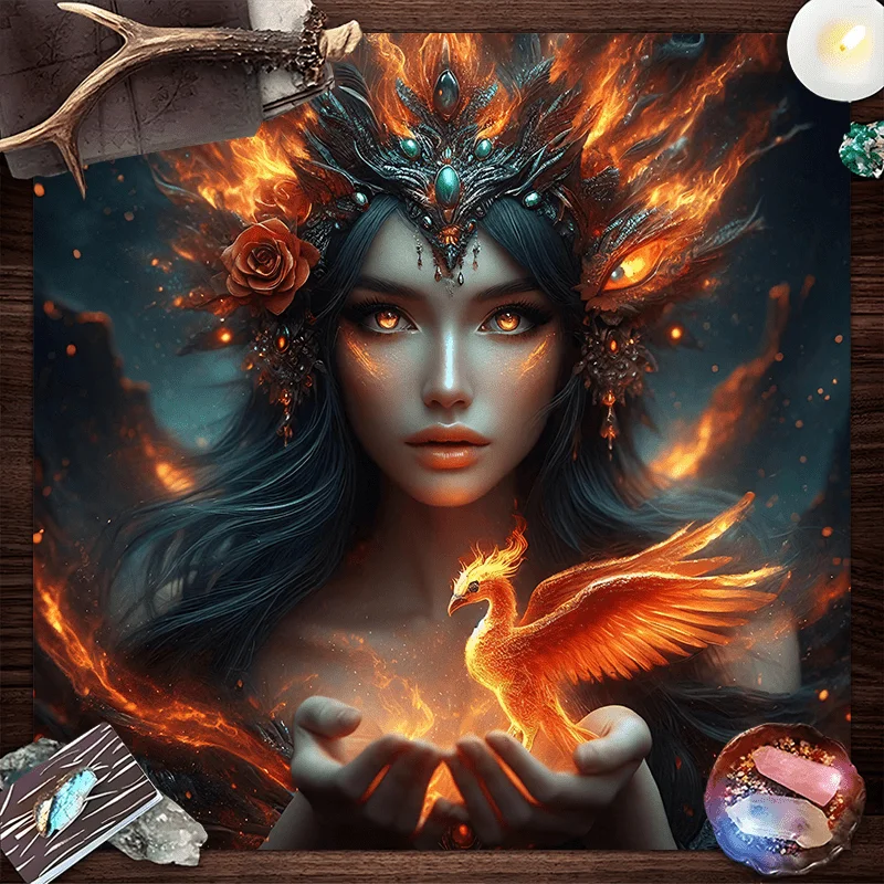  Phoenix Divination Tablecloth Golden Flame Phoenix Tarot Prophecy Round Table Altar Esoteric Decoration Stardust Effect