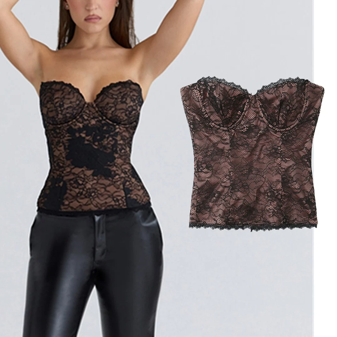 

Maxdutti 2026 French Retro Llace Embroidered Strapless Top Tight Corset Sexy Party Slim Fit T-shirt Woman Clothes Female Clothin